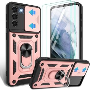 لحالة Samsung Galaxy-S22-Ultra مع غطاء الكاميرا الشريحة و [حامي شاشة HD × 2] ، قضية حلقة الدوران 360 درجة ، لحالة S22 Ultra ، Black
