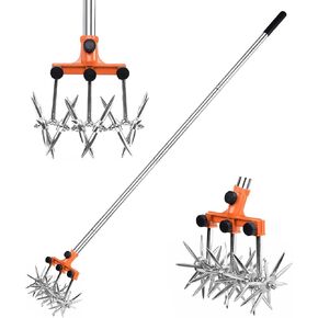 Rotary Cultivator Garden Rotary Tiller Adjustable Stainless Steel Poles Hand Tiller for Soil Mixing or Reseeding Grass Lawn Tiller Total Length 57 Inch.