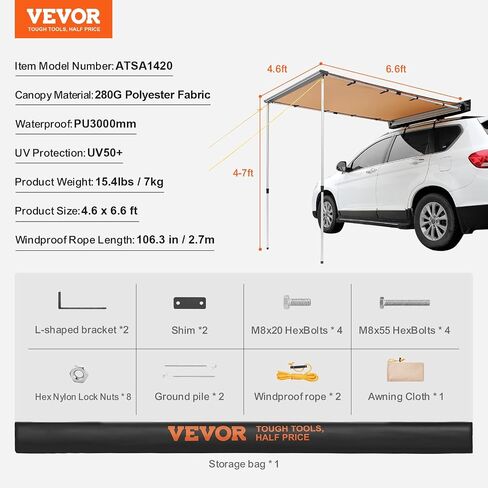 VEVOR Versatility Camping Tent - Moonshade Awning Auto Canopy with UV50+ Protection & PU3000mm Water Resistance, Ideal for Truck Bed, SUV, RV, Van, and Trailer Overlanding Gear, Tear-Resistant in Saudi Arabia