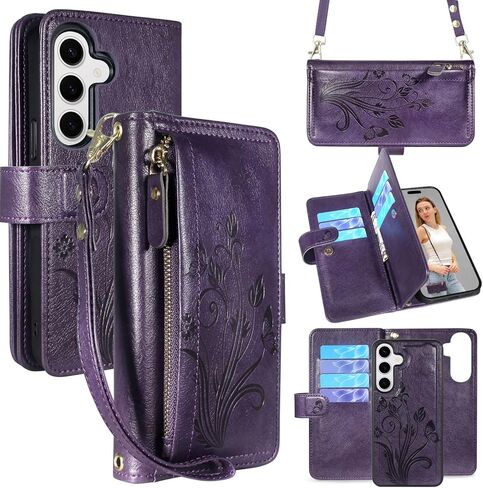 Lacass for Samsung Galaxy S25 6.2 inch Detachable Crossbody Wallet Case, Compatible with Wireless Charging, [Cards Theft Scan Protection], Magnetic Case Stand PU Leather Zipper(Floral Gray) in Kuwait