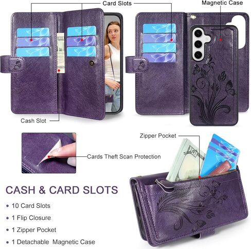 Lacass for Samsung Galaxy S25 6.2 inch Detachable Crossbody Wallet Case, Compatible with Wireless Charging, [Cards Theft Scan Protection], Magnetic Case Stand PU Leather Zipper(Floral Gray) in Kuwait