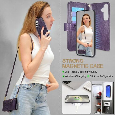 Lacass for Samsung Galaxy S25 6.2 inch Detachable Crossbody Wallet Case, Compatible with Wireless Charging, [Cards Theft Scan Protection], Magnetic Case Stand PU Leather Zipper(Floral Gray) in Kuwait