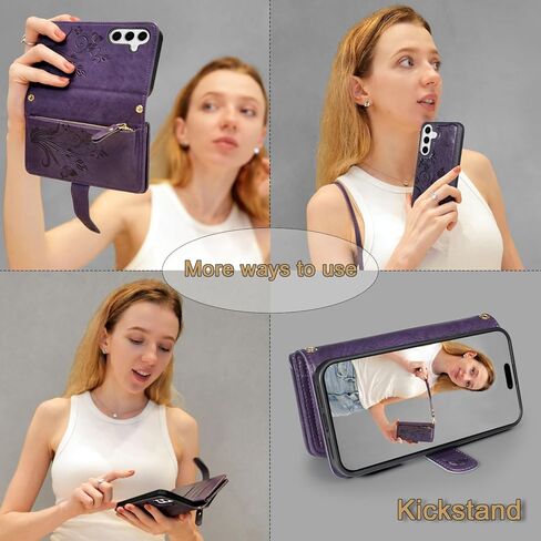 Lacass for Samsung Galaxy S25 6.2 inch Detachable Crossbody Wallet Case, Compatible with Wireless Charging, [Cards Theft Scan Protection], Magnetic Case Stand PU Leather Zipper(Floral Gray) in Kuwait