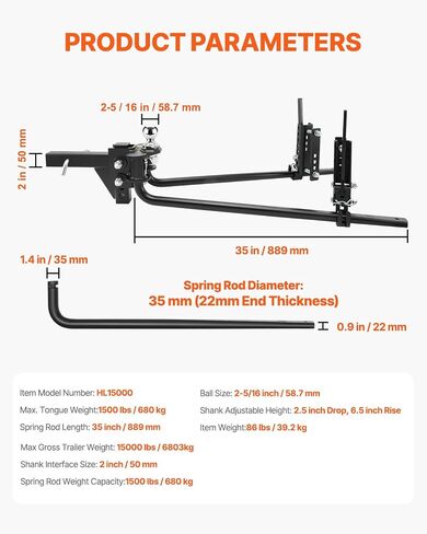 VEVOR Sway Control Weight Distribution Hitch, 1,500 lbs Capacity, Trailer Hitch Kit with 2-Inch Solid Steel Shank, 2-5/16 Inch Alloy Steel Ball, Powder-Coated Load Leveling, Black in Saudi Arabia