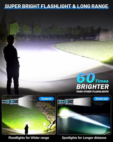 Super Bright 2500000 Lumens High Lumens High Flashlibes قابلة لإعادة الشحن ، أوضاع مصباح LED 6 ، ومصابيح كهربائية تكتيكية قابلة للتكبير 5000 مللي أمبير في الساعة بطارية طويلة مضادة للارتداء من أجل التخييم في حالات الطوارئ المنزلية in Kuwait