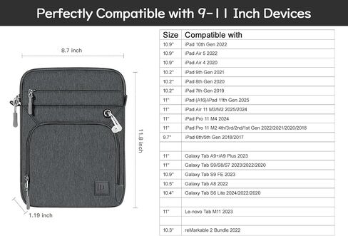 9-11" Tablet Sleeve Bag for iPad Air 5/4 10.9, iPad Air 11" 2024, iPad 9/8/7th 10.2, iPad 10th Gen 10.9, iPad Pro 11 M4 M2 2024-2018, Galaxy Tab A9+ S9 FE A8, with Shoulder Strap, Black in Saudi Arabia