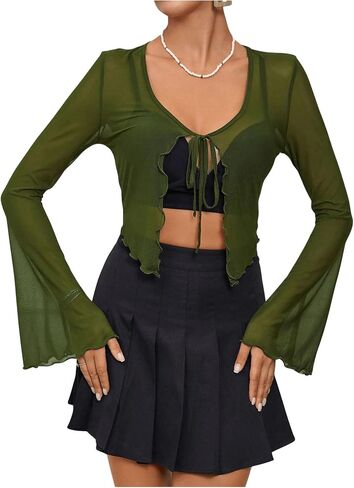 Verdusa Women's Sheer Shrug Crop Top Long Sleeve Tie Front Lettuce Trim Mesh Open Cardigan Top in Kuwait