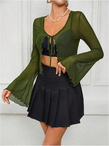Verdusa Women's Sheer Shrug Crop Top Long Sleeve Tie Front Lettuce Trim Mesh Open Cardigan Top in Kuwait