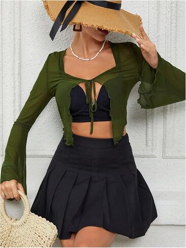 Verdusa Women's Sheer Shrug Crop Top Long Sleeve Tie Front Lettuce Trim Mesh Open Cardigan Top in Kuwait