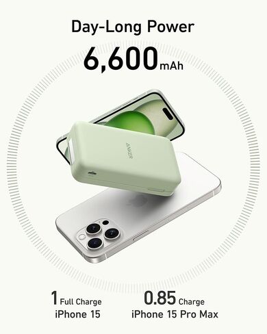 ANKER POWER BANK ، شاحن محمول مكون من 15 وات معتمد من MAGSAFE ، حزمة بطارية 6600 مللي أمبير في الساعة مع حامل قابل للتعديل وقابل للطي ، لسلسلة iPhone 15/14/13 (كابل USB-C) in Saudi Arabia