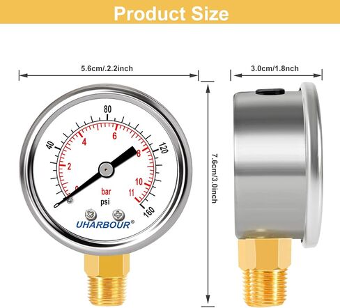 مقياس الضغط 1/4 NPT 0-100 Psi 2 بوصة حافظة من الفولاذ المقاوم للصدأ، مقياس ضغط جبل سفلي 1/4 NPT in Kuwait