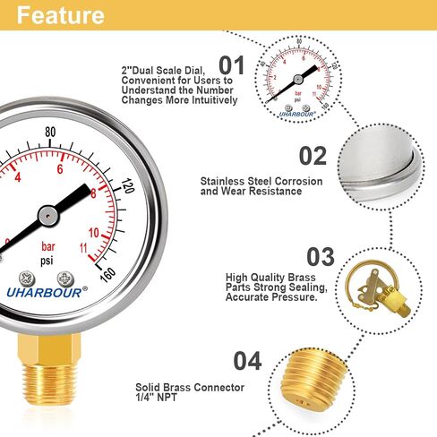 مقياس الضغط 1/4 NPT 0-100 Psi 2 بوصة حافظة من الفولاذ المقاوم للصدأ، مقياس ضغط جبل سفلي 1/4 NPT in Kuwait