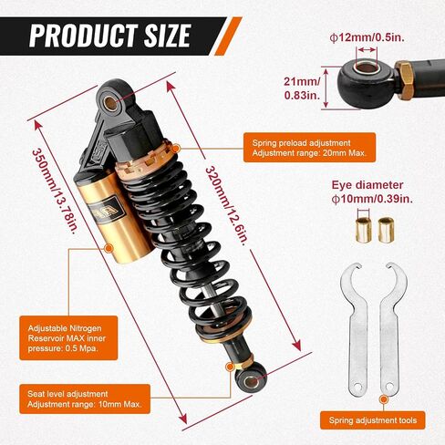 زوج Gzyf 320mm دراجة نارية عالمية امتصاص الصدمات الخلفية الصدمات القابلة للتعديل Go Kart تعليق لهوندا ل Suzuki for Kawasaki for Yamaha ATV Go Kart Quad Dirt Sport Bikes Black & Gold in Kuwait