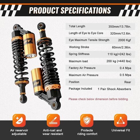 زوج Gzyf 320mm دراجة نارية عالمية امتصاص الصدمات الخلفية الصدمات القابلة للتعديل Go Kart تعليق لهوندا ل Suzuki for Kawasaki for Yamaha ATV Go Kart Quad Dirt Sport Bikes Black & Gold in Kuwait
