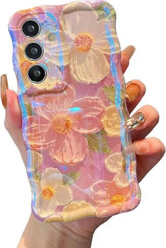 XIZYO Case for Samsung Galaxy S24 Ultra, Colorful Retro Oil Painting Flower Cute Floral Aesthetic Curly Wave Frame Laser Glossy Reflective Exquisite Stylish Cover Girly Women-Sunflower/Yellow in Kuwait