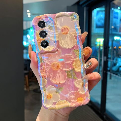 XIZYO Case for Samsung Galaxy S24 Ultra, Colorful Retro Oil Painting Flower Cute Floral Aesthetic Curly Wave Frame Laser Glossy Reflective Exquisite Stylish Cover Girly Women-Sunflower/Yellow in Kuwait