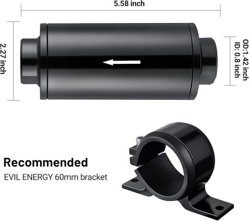 EVIL ENERGY Inline Fuel Filter 100 Micron with Barb 1/2", 3/8", 5/16" Fitting Adapter, Bracket Clamp 50MM Universal Aluminum Black for Gasoline, Diesel, E85, Rubber Fuel Line in Kuwait
