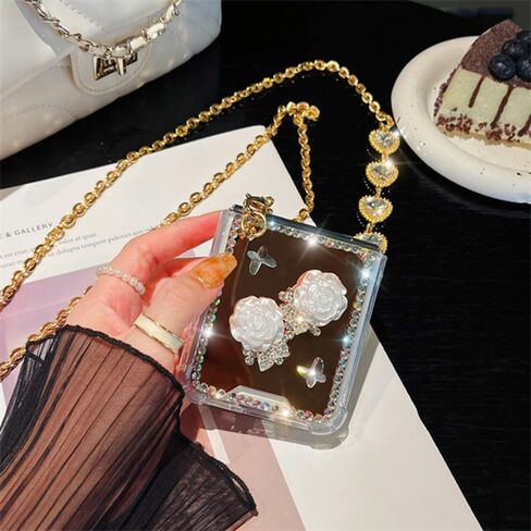 Omio مصمم لـ Samsung Galaxy Z Flip 5 Mirror Case with Crossbody Lanyard Luxury 3D Sparkle Crystal Diamond Bling Glitter Flower Plate Clet in Kuwait