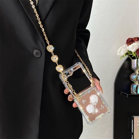 Omio مصمم لـ Samsung Galaxy Z Flip 5 Mirror Case with Crossbody Lanyard Luxury 3D Sparkle Crystal Diamond Bling Glitter Flower Plate Clet in Kuwait