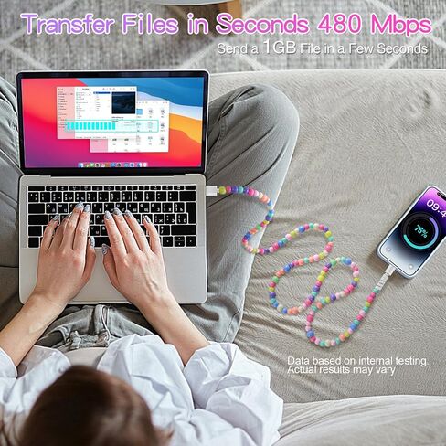 لسلك شاحن iPhone 3.3 قدم لؤلؤة أنيقة شحن USB كابل 66W نقل السرعة عالي السرعة USB إلى كبل iPhone متوافق مع iPhone 14/13/12 PRO MAX/11/XS MAX/XR/XS/X/8/IPAD in Saudi Arabia