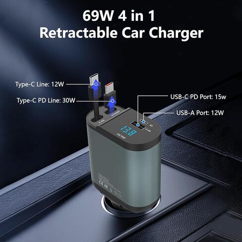 شاحن هاتف السيارة القابل للسحب: 69W TYPE C FAST CAR CARCHER 4 في 1 - شواحن السيارة USB C متوافقة مع iPhone 16/15/14/13/11/11/GALAXY/PIXEL in Saudi Arabia