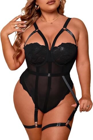 OYOANGLE Women's Plus Size Ring Linked Cut Out Sheer Mesh Teddy Bodysuit Garter Lingerie Set in Saudi Arabia