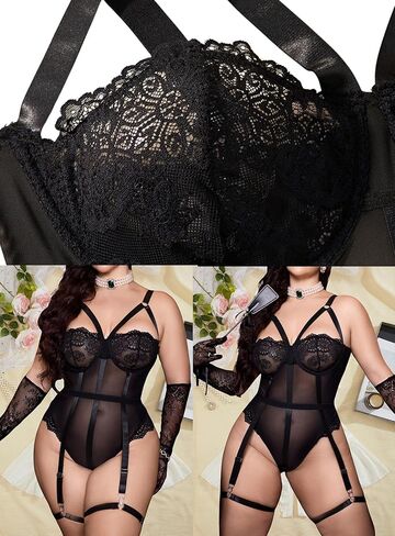 OYOANGLE Women's Plus Size Ring Linked Cut Out Sheer Mesh Teddy Bodysuit Garter Lingerie Set in Saudi Arabia