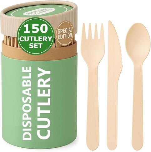 (150 Pcs) Special Edition Compostable Cutlery Set - Disposable Wooden Cutlery Set - Alternative to Plastic, Eco Friendly, Biodegradable, 50 Each Wooden Spoons, Knives, Forks Disposable Utensils Set in Saudi Arabia