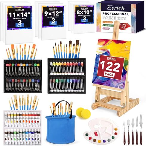 ESRICH 78PCS Acrylic Paint Canvas Set, Watercolor Paint Set, Acrylic Paint Set,Oil Paint Set with Wood Easel,Brushes, Canvases,Panel, Art Painting Supplies Kit for Kids,Students, Artists and Beginner in Kuwait