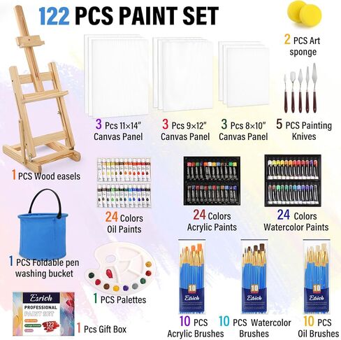 ESRICH 78PCS Acrylic Paint Canvas Set, Watercolor Paint Set, Acrylic Paint Set,Oil Paint Set with Wood Easel,Brushes, Canvases,Panel, Art Painting Supplies Kit for Kids,Students, Artists and Beginner in Kuwait