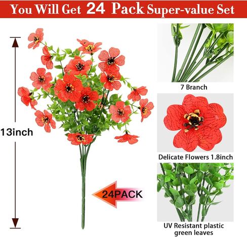 24 Bundles Artificial Flowers for Outdoors Decorations, Fake Flowers Faux Plants Fake Silk Colorful Flowers Realistic UV Resistant for Garden Patio Porch Window Box Home Indoor Outdoor Decor in Kuwait