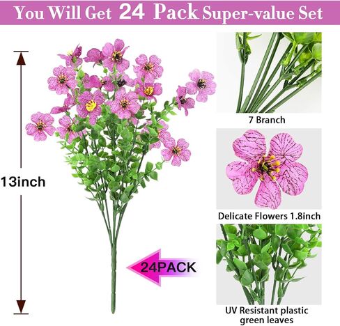 24 Bundles Artificial Flowers for Outdoors Decorations, Fake Flowers Faux Plants Fake Silk Colorful Flowers Realistic UV Resistant for Garden Patio Porch Window Box Home Indoor Outdoor Decor in Kuwait