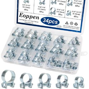 34Pcs 5 Sizes 8-18mm Fuel Line Clamp Assortment Kit, 1/4Inch 5/16Inch 3/8Inch Fuel Injection Gas Line Hose Clamps for Diesel Petrol Pipe