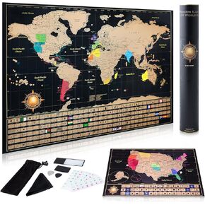 innovativemap premium scratch Off World Map Poster - Deluxe Scratch Off Map of the World with All Country Flags - Gall Art Travel Gift - يشمل الملحقات ، 17 × 24 بوصة - طبعة أسود وذهبي