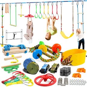Ninja Warrior Obstacle Course for Kids-Ninja Slackline with Multiple Accessories for Kids,Contain Swings,Rope ladders,Rings,Ninja Couse for Kids Outside (2x56ft)