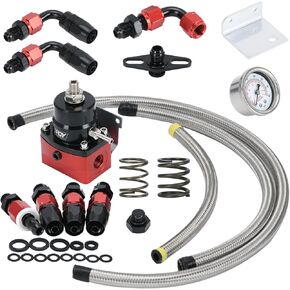 طقم منظم ضغط الوقود القابل للتعديل 3-70psi مع عودة 6AN ومنفذ التغذية 6AN مع موصلات خراطيم خط الوقود AN6-6AN (أسود+أحمر)