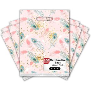 Pro Supply Global 9x12 100 Count Pink Peacock Designer Retail Boutique Merchandise Bags with Die Cut Handles Premium Printed Shopping Bags For Small Business Shop Owners