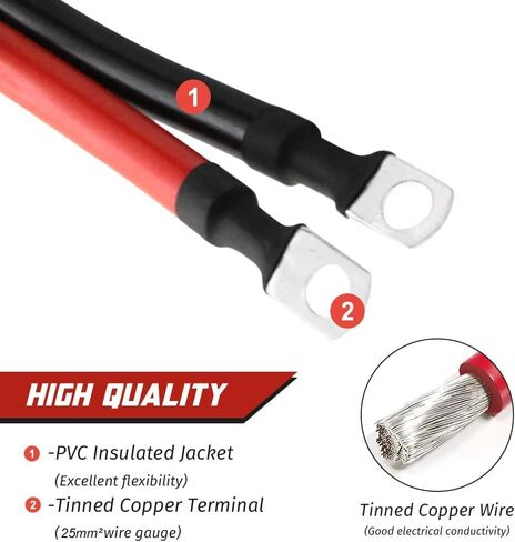 كابل عاكس بطارية 30 سم مع محطات ، 12V-24V ، 25 مم ، 3AWG (الحد الأقصى 125A) ، بطارية تلقائية تؤدي إلى اللون الأحمر والأسود للشاحنة ، دراجة نارية ، الطاقة الشمسية ، RV ، البحرية in Kuwait