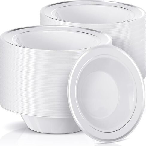 Jinei 150 Pieces 6 oz Plastic Bowls with Rim Small Disposable Soup Bowls for Dessert Salad Soup Candy Wedding Thanksgiving Catering Holidays Party Supplies (White,Gold Rim) in Kuwait