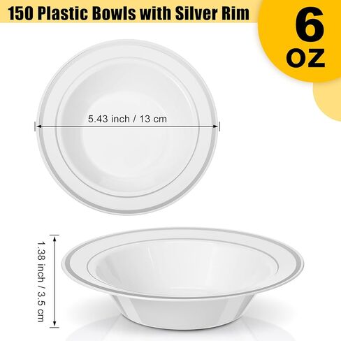 Jinei 150 Pieces 6 oz Plastic Bowls with Rim Small Disposable Soup Bowls for Dessert Salad Soup Candy Wedding Thanksgiving Catering Holidays Party Supplies (White,Gold Rim) in Kuwait