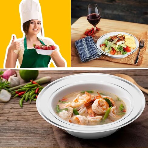 Jinei 150 Pieces 6 oz Plastic Bowls with Rim Small Disposable Soup Bowls for Dessert Salad Soup Candy Wedding Thanksgiving Catering Holidays Party Supplies (White,Gold Rim) in Kuwait