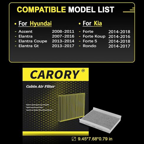 Cabin Air Filter w/Activated Carbon for Select 2007-2016 Hyundai, Kia Models - Accent, Elantra, Elantra Coupe, Elantra Gt, Forte, Forte Koup, Forte5, Rondo, CF10728, 97133-2H001 in Saudi Arabia