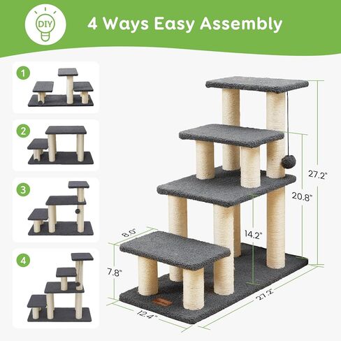 Pawque Dog Stairs & Cat Scratching Post Pet Steps for High Beds Couch, High-Strength Boards Holds up to 150 lbs for Indoor Small Cats Kittens Dogs Climbing Playing, 3 Combination Options, 3 Steps-Grey in Kuwait