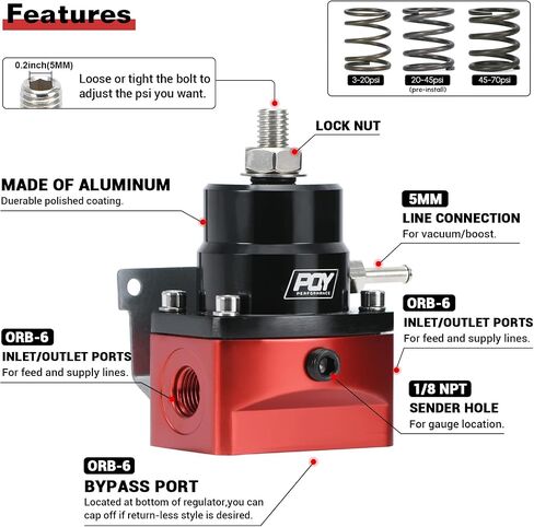 Adjustable Fuel Pressure Regulator Kit 3-70PSI With 6AN Return and 6AN feed Port with AN6-6AN Fuel Line Hoses Connectors (black+red) in Saudi Arabia
