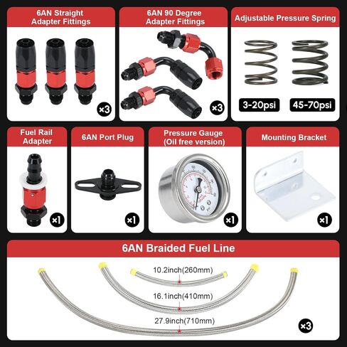 Adjustable Fuel Pressure Regulator Kit 3-70PSI With 6AN Return and 6AN feed Port with AN6-6AN Fuel Line Hoses Connectors (black+red) in Saudi Arabia