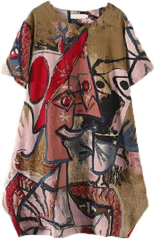 FTCayanz Women's Casual Midi Dresses Short Sleeve Loose Print T Shirt Dress with Pockets in Kuwait