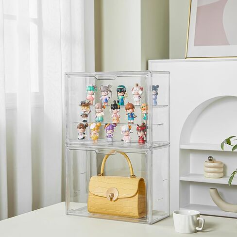 Clear Acrylic Display Case,2 Pack 3 Tier Adjustable Display Box Stand with 2 Movable Plates, Small Showcase Magnetic Door for Mini Action Figures Collectibles (Small in Kuwait