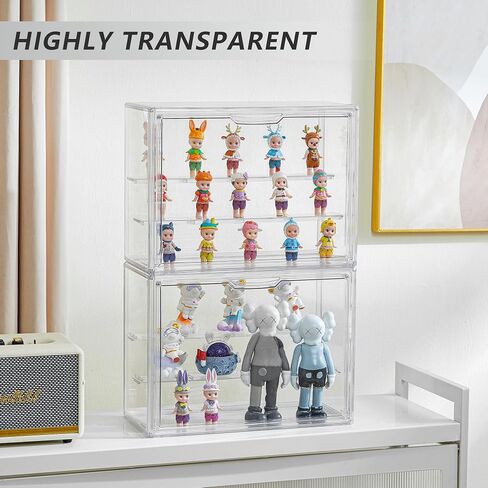 Clear Acrylic Display Case,2 Pack 3 Tier Adjustable Display Box Stand with 2 Movable Plates, Small Showcase Magnetic Door for Mini Action Figures Collectibles (Small in Kuwait