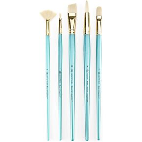 Royal & Langnickel Menta ، 5pc Long Handle Handle Filbert Variety Brush مجموعة لطلاء الأكريليك والزيت ، وتشمل - Filbert ، Bright ، و Fan Brushes Teal