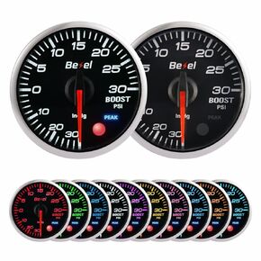 Boost Gauge Kit -30inhg ~ 30ppsi أسود Indash Series بدون فرش من 2-1/16 '' (52 مم) عدسة واضحة - تشمل مستشعر كهربائي - معدل استجابة سريع - 10 ألوان - للسيارة والشاحنة - 270 ° Sweep - JDM - USDM
